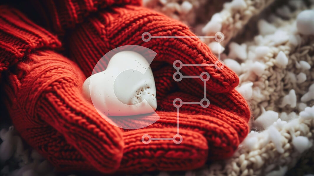 Intra Συλλεκτικό Ξύλινο Παζλ Plywood  4mm - Κόκκινα πλεκτά γάντια που κρατούν αντικείμενο σε σχήμα καρδιάς το χειμώνα Σε Ξύλινο Κουτί - Διαστάσεις Puzzle: 10x10 cm – 25 κομμάτια