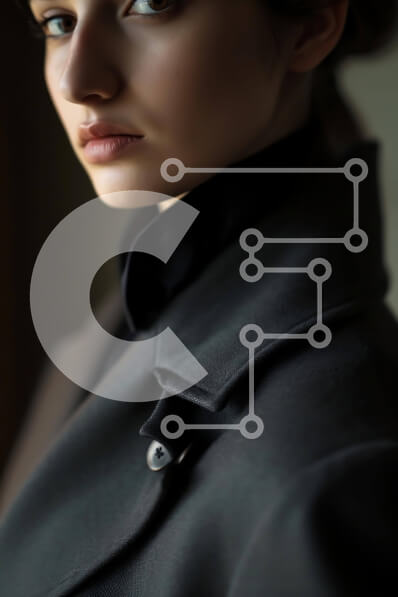 Intra Συλλεκτικό Ξύλινο Παζλ Plywood  4mm - Νεαρή γυναίκα με κομψό μαύρο παλτό κοιτάζοντας την κάμερα Σε Ξύλινο Κουτί - Διαστάσεις Puzzle: 10x10 cm – 25 κομμάτια