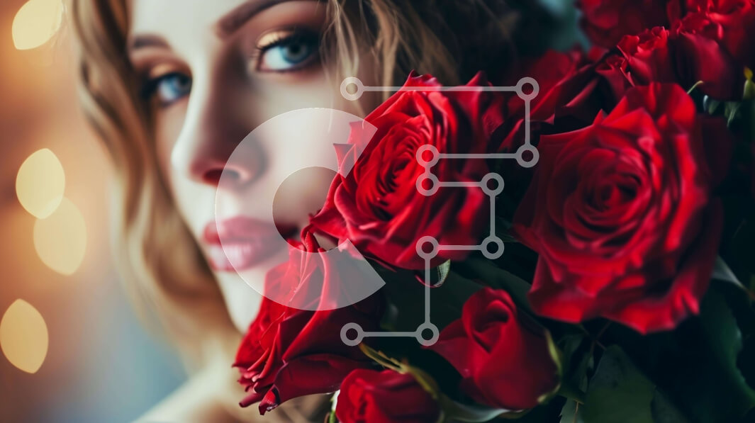 Intra Συλλεκτικό Ξύλινο Παζλ Plywood  4mm - Όμορφη γυναίκα με κόκκινα τριαντάφυλλα μπουκέτο Σε Ξύλινο Κουτί - Διαστάσεις Puzzle: 10x10 cm – 25 κομμάτια