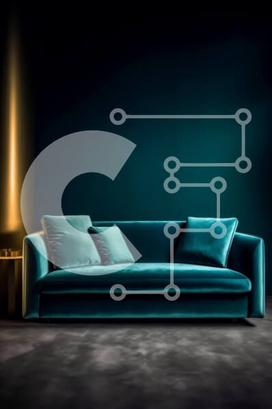 Intra Συλλεκτικό Ξύλινο Παζλ Plywood  4mm - Κομψός μπλε βελούδινος καναπές σε σκοτεινό δωμάτιο με φωτιστικό Σε Ξύλινο Κουτί - Διαστάσεις Puzzle: 10x10 cm – 25 κομμάτια