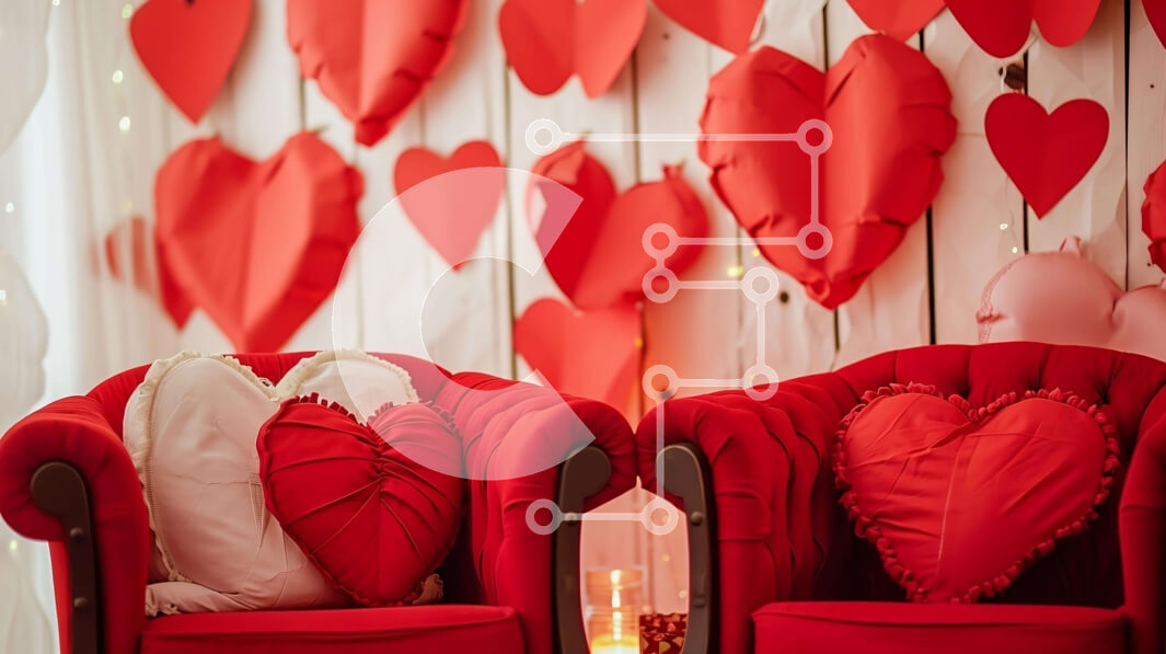 Intra Συλλεκτικό Ξύλινο Παζλ Plywood  4mm - Ρομαντικές κόκκινες πολυθρόνες και τοίχος σε σχήμα καρδιάς με μπαλόνια Σε Ξύλινο Κουτί - Διαστάσεις: 10x10 cm – 25 κομμάτια