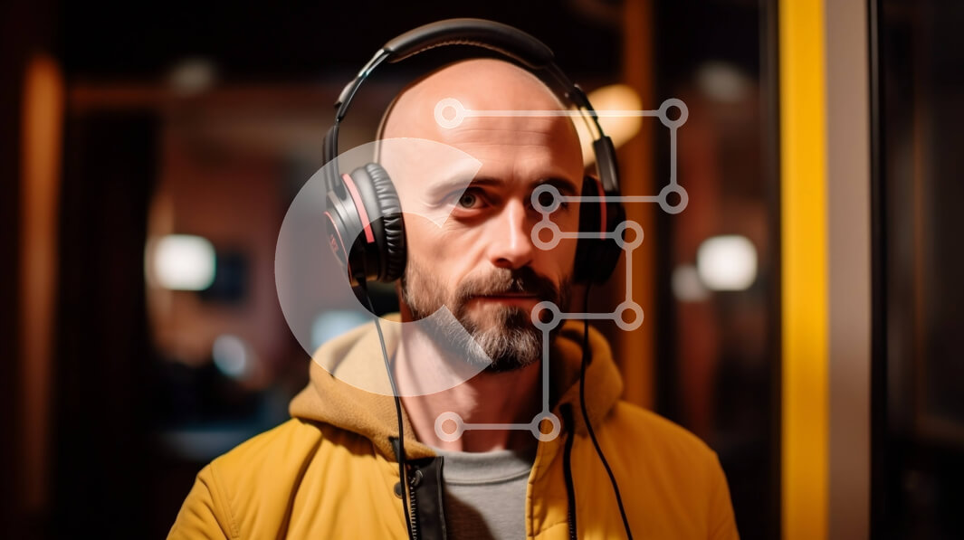 Intra Συλλεκτικό Ξύλινο Παζλ Plywood  4mm - Σοβαρός φαλακρός άνδρας με κίτρινο σακάκι και ακουστικά που κοιτάζει την κάμερα Σε Ξύλινο Κουτί - Διαστάσεις Puzzle: 10x10 cm – 25 κομμάτια