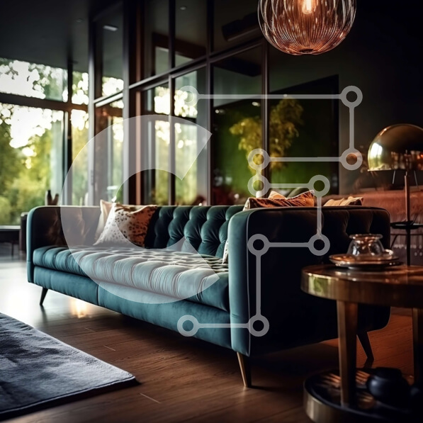 Intra Συλλεκτικό Ξύλινο Παζλ Plywood  4mm - Άνετο και εκλεπτυσμένο σαλόνι με μπλε βελούδινο καναπέ και μεγάλα παράθυρα Σε Ξύλινο Κουτί - Διαστάσεις Puzzle: 10x10 cm – 25 κομμάτια