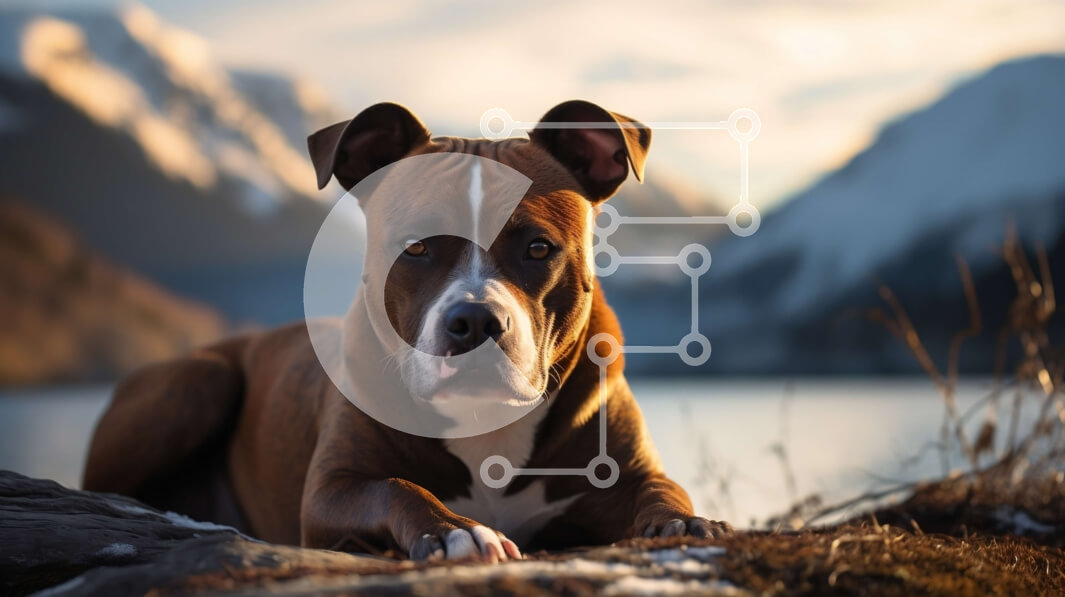 Intra Συλλεκτικό Ξύλινο Παζλ Plywood  4mm - Καφέ και λευκό σκυλί που κάθεται σε έναν βράχο κοντά στο νερό με τα βουνά στο φόντο Σε Ξύλινο Κουτί - Διαστάσεις: 10x10 cm – 25 κομμάτια