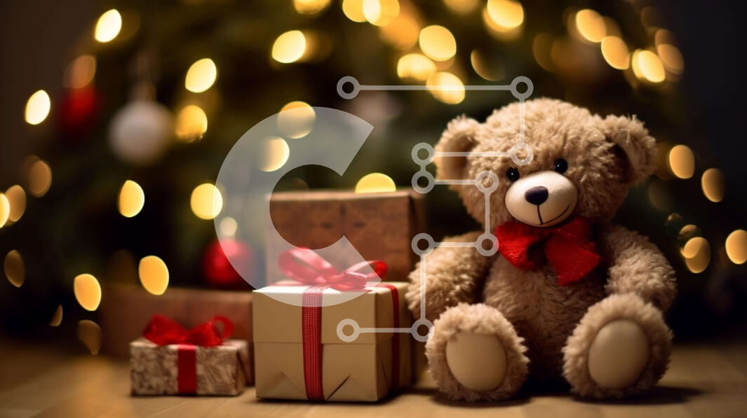 Intra Συλλεκτικό Ξύλινο Παζλ Plywood  4mm - Αρκουδάκι και κουτιά δώρων με φόντο το χριστουγεννιάτικο δέντρο Σε Ξύλινο Κουτί - Διαστάσεις: 10x10 cm – 25 κομμάτια