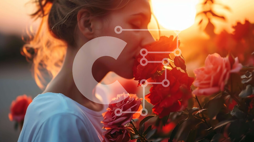 Intra Συλλεκτικό Ξύλινο Παζλ Plywood  4mm - Γυναίκα που μυρίζει τριαντάφυλλα στο ηλιοβασίλεμα Σε Ξύλινο Κουτί - Διαστάσεις: 10x10 cm – 25 κομμάτια