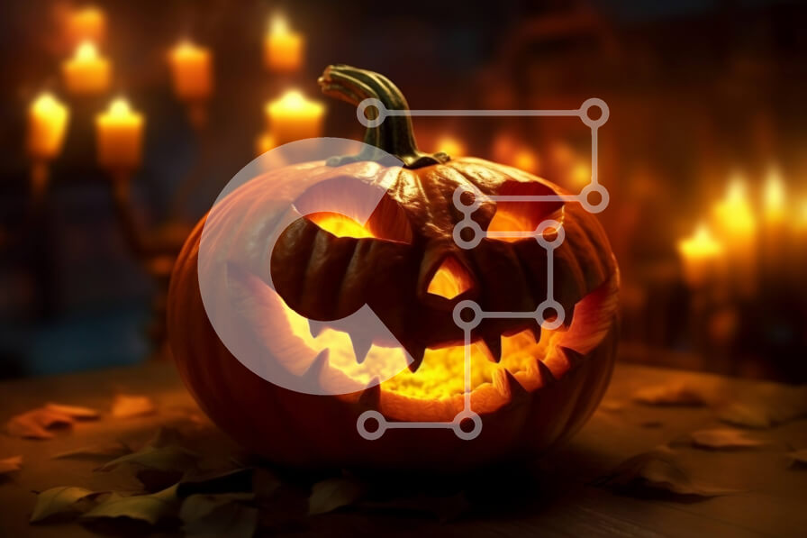 Intra Συλλεκτικό Ξύλινο Παζλ Plywood  4mm - Απόκοσμη κολοκύθα Jack-o'-lantern με λαμπερό πρόσωπο σε ξύλινο τραπέζι Σε Ξύλινο Κουτί - Διαστάσεις: 10x10 cm – 25 κομμάτια