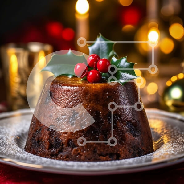 Σετ των 2 Intra Συλλεκτικό Ξύλινο Παζλ Plywood  4mm - Χριστουγεννιάτικη πουτίγκα σοκολάτας με σαντιγί και φύλλα Holly σε χρυσό πιάτο Σε Ξύλινο Κουτί - Διαστάσεις: 10x10 cm – 25 κομμάτια