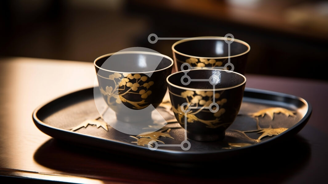 Intra Συλλεκτικό Ξύλινο Παζλ Plywood  4mm - Μαύρα και χρυσά φλιτζάνια τσαγιού και καφέ στο δίσκο Σε Ξύλινο Κουτί - Διαστάσεις: 10x10 cm – 25 κομμάτια