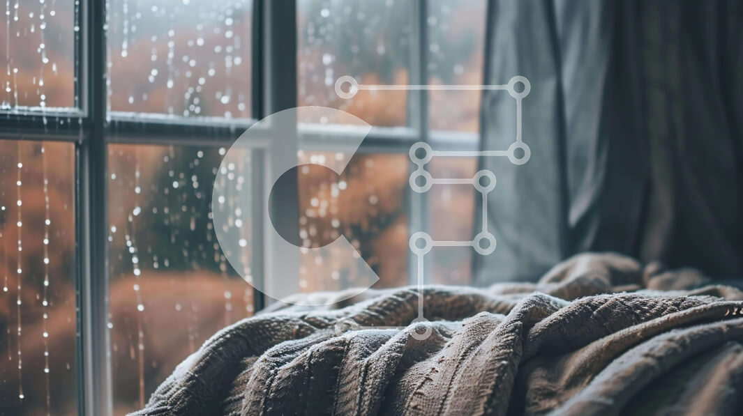 Intra Συλλεκτικό Ξύλινο Παζλ Plywood  4mm - Σταγόνες βροχής που πέφτουν από ένα παράθυρο με μια κουβέρτα και μια ομπρέλα Σε Ξύλινο Κουτί - Διαστάσεις Puzzle: 10x10 cm – 25 κομμάτια