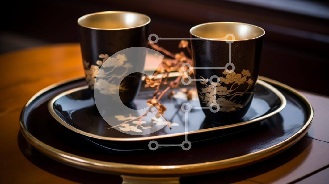 Intra Συλλεκτικό Ξύλινο Παζλ Plywood  4mm - Δύο μαύρα κύπελλα στο δίσκο με χρυσές πινελιές Σε Ξύλινο Κουτί - Διαστάσεις: 10x10 cm – 25 κομμάτια