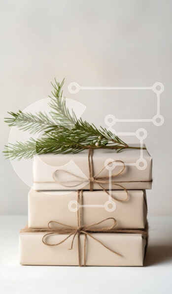 Intra Συλλεκτικό Ξύλινο Παζλ Plywood  4mm - Στοίβα από τρία λευκά κουτιά δώρου με καφέ χαρτί περιτυλίγματος και κλαδί πράσινου πεύκου Σε Ξύλινο Κουτί - Διαστάσεις: 10x10 cm – 25 κομμάτια