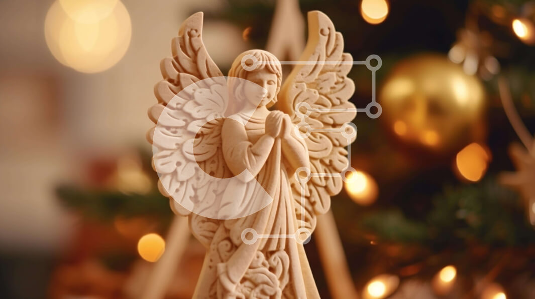 Intra Συλλεκτικό Ξύλινο Παζλ Plywood  4mm - Ξύλινο ειδώλιο αγγέλου μπροστά από το χριστουγεννιάτικο δέντρο Σε Ξύλινο Κουτί - Διαστάσεις: 10x10 cm – 25 κομμάτια