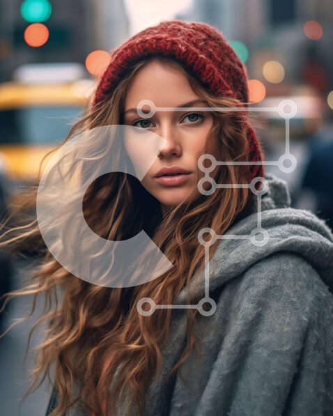 Intra Συλλεκτικό Ξύλινο Παζλ Plywood  4mm - Πορτρέτο μιας νεαρής γυναίκας με κόκκινο φασόλι και γκρι πουλόβερ σε έναν δρόμο της πόλης στο σούρουπο Σε Ξύλινο Κουτί - Διαστάσεις Puzzle: 10x10 cm – 25 κομμάτια