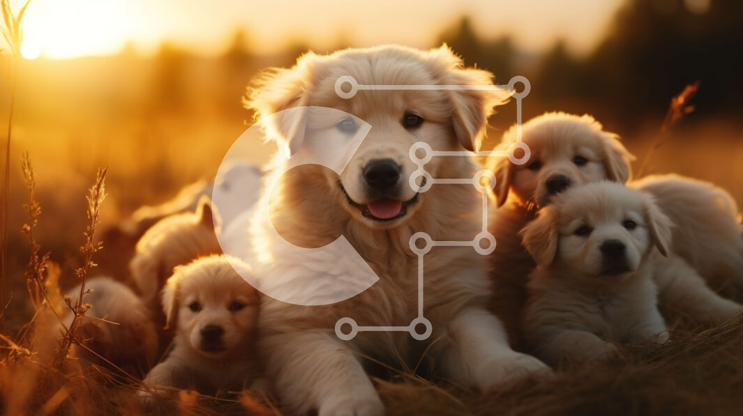 Intra Συλλεκτικό Ξύλινο Παζλ Plywood  4mm - Ομάδα κουταβιών Golden Retriever στο χωράφι στο ηλιοβασίλεμα Σε Ξύλινο Κουτί - Διαστάσεις: 10x10 cm – 25 κομμάτια