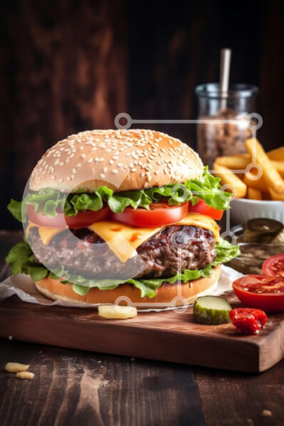 Σετ των 2 Intra Συλλεκτικό Ξύλινο Παζλ Plywood  4mm - Νόστιμο Cheeseburger με πατάτες πατάτες σε ρουστίκ ξύλινο τραπέζι Σε Ξύλινο Κουτί - Διαστάσεις: 10x10 cm – 25 κομμάτια