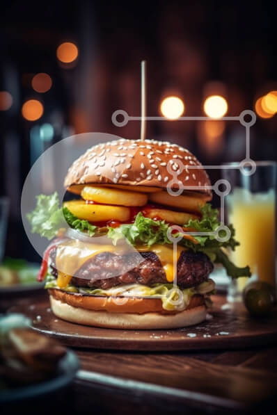 Σετ των 2 Intra Συλλεκτικό Ξύλινο Παζλ Plywood  4mm - Λαχταριστό cheeseburger και πατάτες τηγανητές με θέα στην πόλη τη νύχτα Σε Ξύλινο Κουτί - Διαστάσεις: 10x10 cm – 25 κομμάτια