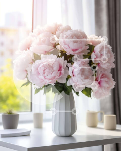 Intra Συλλεκτικό Ξύλινο Παζλ Plywood  4mm - Λευκό βάζο με ροζ παιώνιες σε τραπέζι από παράθυρο Σε Ξύλινο Κουτί - Διαστάσεις Puzzle: 10x10 cm – 25 κομμάτια