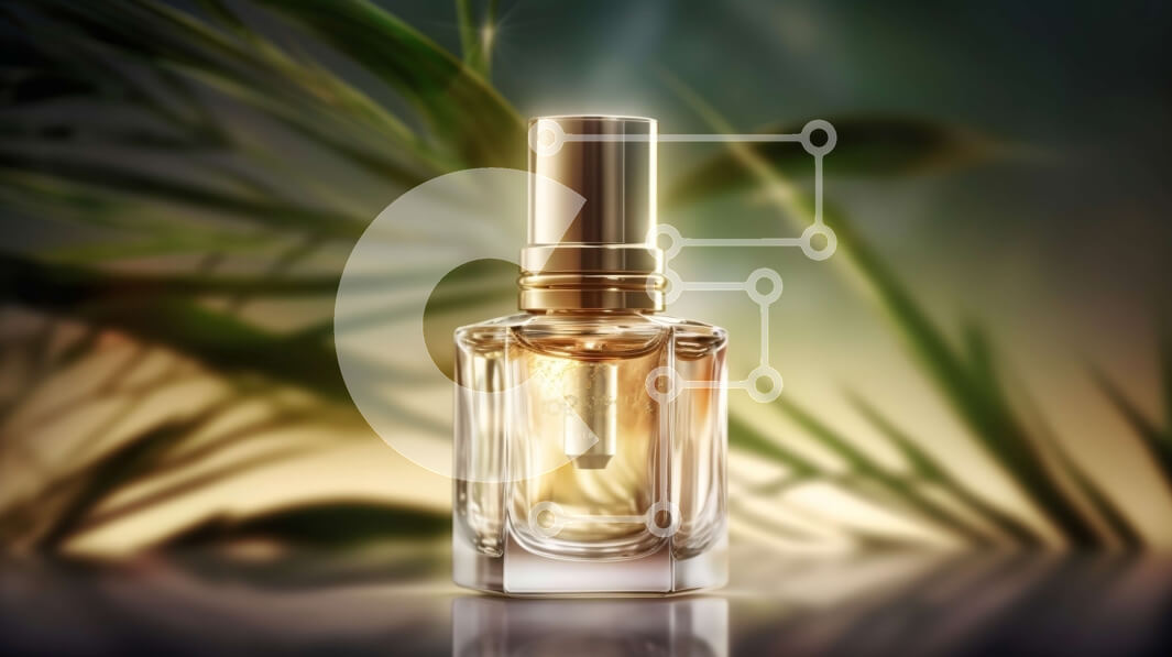 Intra Συλλεκτικό Ξύλινο Παζλ Plywood  4mm - Κομψό μπουκάλι αρώματος σε ανακλαστική επιφάνεια με θολά φύλλα φόντου Σε Ξύλινο Κουτί - Διαστάσεις Puzzle: 10x10 cm – 25 κομμάτια