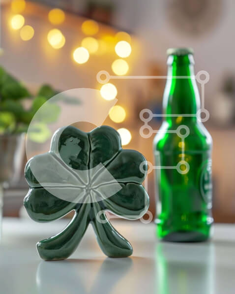 Intra Συλλεκτικό Ξύλινο Παζλ Plywood  4mm - Πράσινο ειδώλιο τριφύλλι και άδειο μπουκάλι μπύρας στο τραπέζι Σε Ξύλινο Κουτί - Διαστάσεις Puzzle: 10x10 cm – 25 κομμάτια