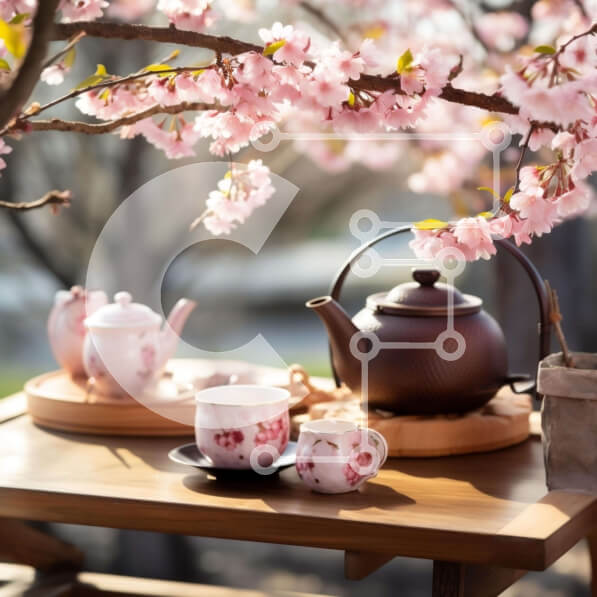 Intra Συλλεκτικό Ξύλινο Παζλ Plywood  4mm - Ξύλινο τραπέζι με τσαγιέρα, φλιτζάνια και πιατάκια και ροζ ανθισμένο δέντρο στο βάθος Σε Ξύλινο Κουτί - Διαστάσεις: 10x10 cm – 25 κομμάτια