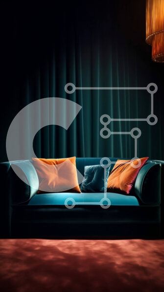 Intra Συλλεκτικό Ξύλινο Παζλ Plywood  4mm - Κομψός μπλε καναπές με πορτοκαλί και μπλε μαξιλάρια σε σκοτεινό δωμάτιο με πολυέλαιο Σε Ξύλινο Κουτί - Διαστάσεις Puzzle: 10x10 cm – 25 κομμάτια