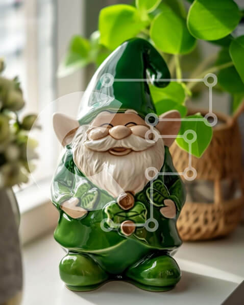 Intra Συλλεκτικό Ξύλινο Παζλ Plywood  4mm - Πράσινο ειδώλιο Gnome στο περβάζι παραθύρου με φυτά Σε Ξύλινο Κουτί - Διαστάσεις: 10x10 cm – 25 κομμάτια