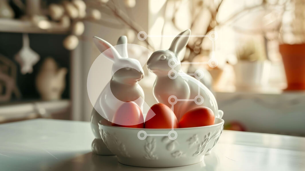 Intra Συλλεκτικό Ξύλινο Παζλ Plywood  4mm - Δύο λευκά ειδώλια κουνελιών με κόκκινα αυγά σε ένα μπολ Σε Ξύλινο Κουτί - Διαστάσεις Puzzle: 10x10 cm – 25 κομμάτια