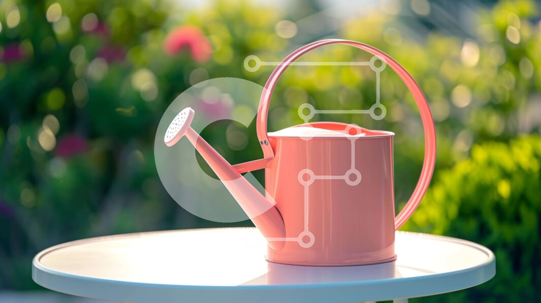 Intra Συλλεκτικό Ξύλινο Παζλ Plywood  4mm - Ροζ ποτιστήρι σε τραπέζι εξωτερικού χώρου με πράσινο Σε Ξύλινο Κουτί - Διαστάσεις: 10x10 cm – 25 κομμάτια