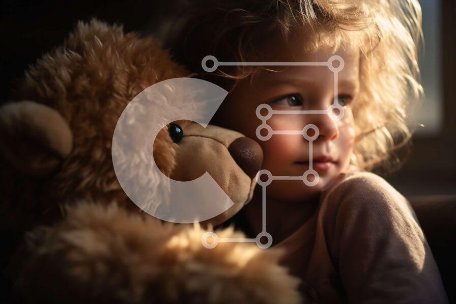 Intra Συλλεκτικό Ξύλινο Παζλ Plywood  4mm - Νεαρό κορίτσι που κάθεται δίπλα σε ένα μεγάλο καφέ αρκουδάκι Σε Ξύλινο Κουτί - Διαστάσεις Puzzle: 10x10 cm – 25 κομμάτια