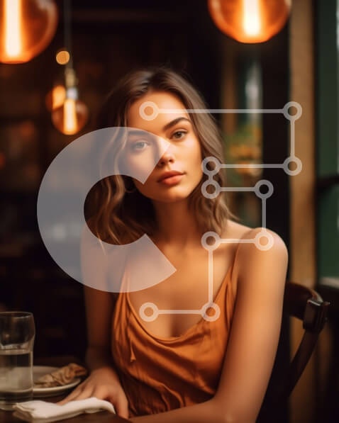 Intra Συλλεκτικό Ξύλινο Παζλ Plywood  4mm - Φιλική και άνετη σκηνή εστιατορίου με νεαρή γυναίκα με πορτοκαλί φόρεμα Σε Ξύλινο Κουτί - Διαστάσεις Puzzle: 10x10 cm – 25 κομμάτια