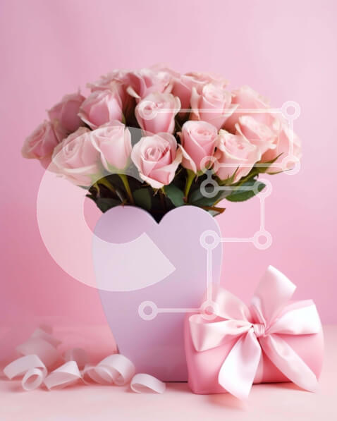 Intra Συλλεκτικό Ξύλινο Παζλ Plywood  4mm - Βάζο σε σχήμα καρδιάς γεμάτο με ροζ τριαντάφυλλα και ροζ κουτί δώρου με μπαλόνια στο βάθος Σε Ξύλινο Κουτί - Διαστάσεις Puzzle: 10x10 cm – 25 κομμάτια