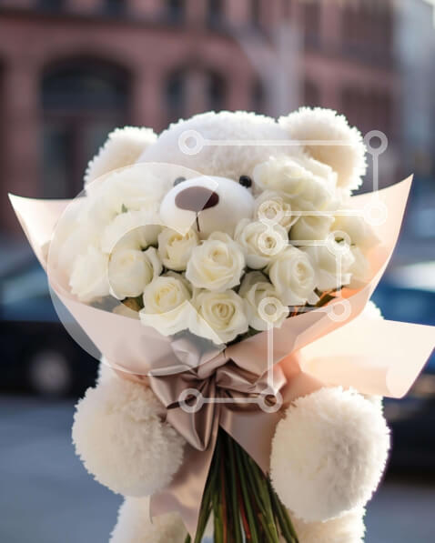 Intra Συλλεκτικό Ξύλινο Παζλ Plywood  4mm - Λευκό αρκουδάκι με λευκά τριαντάφυλλα Σε Ξύλινο Κουτί - Διαστάσεις Puzzle: 10x10 cm – 25 κομμάτια