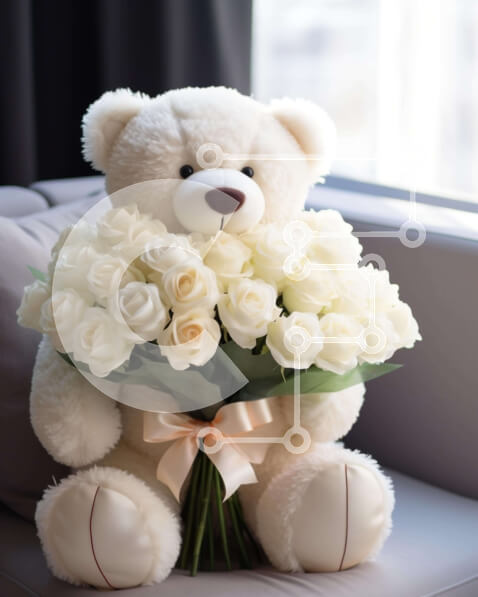 Intra Συλλεκτικό Ξύλινο Παζλ Plywood  4mm - Λευκό αρκουδάκι με τριαντάφυλλα Σε Ξύλινο Κουτί - Διαστάσεις Puzzle: 10x10 cm – 25 κομμάτια