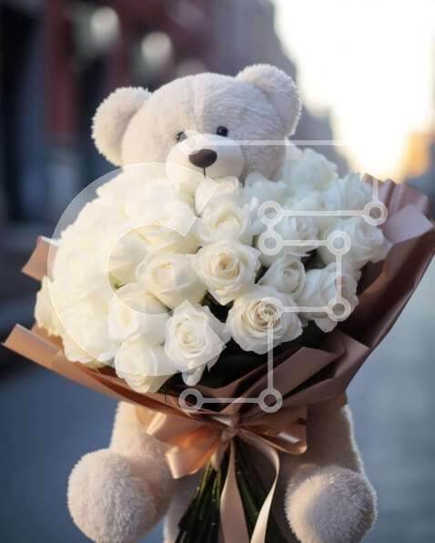 Intra Συλλεκτικό Ξύλινο Παζλ Plywood  4mm - Λευκό αρκουδάκι με λευκό τριαντάφυλλο μπουκέτο Σε Ξύλινο Κουτί - Διαστάσεις Puzzle: 10x10 cm – 25 κομμάτια