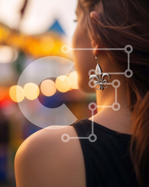 Intra Συλλεκτικό Ξύλινο Παζλ Plywood  4mm - Γυναίκα που στέκεται μπροστά από το λούνα παρκ με floral σκουλαρίκια Σε Ξύλινο Κουτί - Διαστάσεις Puzzle: 10x10 cm – 25 κομμάτια