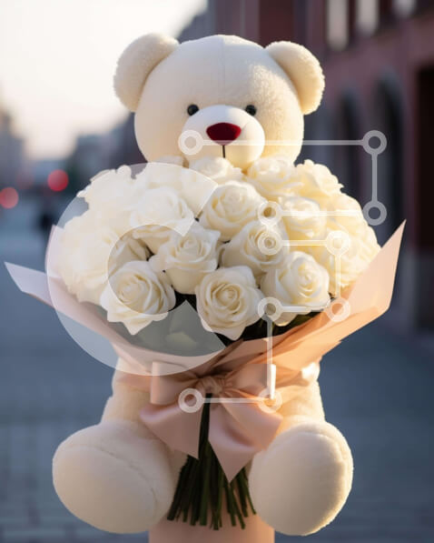 Intra Συλλεκτικό Ξύλινο Παζλ Plywood  4mm - Αξιολάτρευτο αρκουδάκι με λευκά τριαντάφυλλα Σε Ξύλινο Κουτί - Διαστάσεις Puzzle: 10x10 cm – 25 κομμάτια