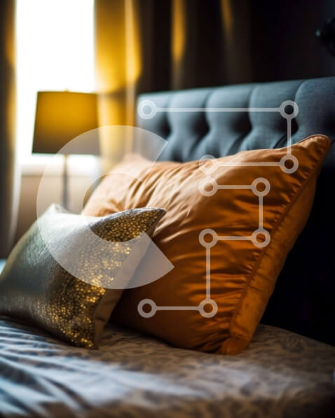 Intra Συλλεκτικό Ξύλινο Παζλ Plywood  4mm - Μοντέρνο Μαύρο και Πορτοκαλί Υπνοδωμάτιο με ριγέ αναπαυτικό Σε Ξύλινο Κουτί - Διαστάσεις Puzzle: 10x10 cm – 25 κομμάτια