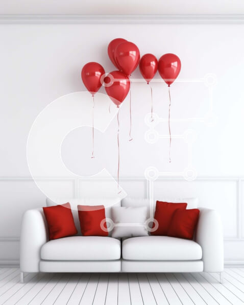 Intra Συλλεκτικό Ξύλινο Παζλ Plywood  4mm - Άνετο σαλόνι με λευκό καναπέ και κόκκινα μπαλόνια Σε Ξύλινο Κουτί - Διαστάσεις Puzzle: 10x10 cm – 25 κομμάτια