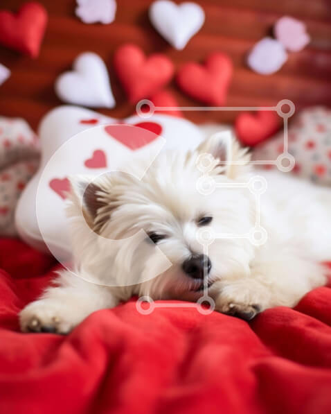 Σετ των 2 Intra Συλλεκτικό Ξύλινο Παζλ Plywood  4mm - Λευκό σκυλί στο κρεβάτι με φόντο κόκκινες καρδιές Σε Ξύλινο Κουτί - Διαστάσεις: 10x10 cm – 25 κομμάτια