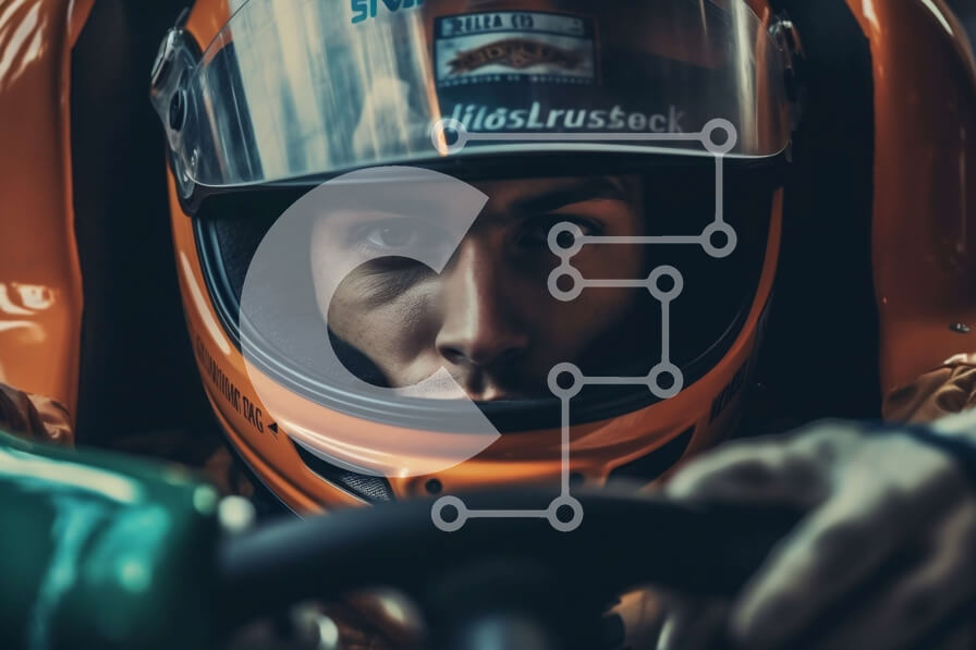 Intra Συλλεκτικό Ξύλινο Παζλ Plywood  4mm - Στιγμιότυπο δράσης άνδρα που οδηγεί αγωνιστικό αυτοκίνητο με πορτοκαλί αγωνιστική στολή και κράνος Σε Ξύλινο Κουτί - Διαστάσεις Puzzle: 10x10 cm – 25 κομμάτια