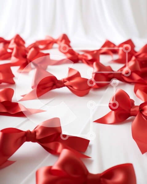 Intra Συλλεκτικό Ξύλινο Παζλ Plywood  4mm - Κόκκινοι φιόγκοι και κορδέλες σε ένα τραπέζι Σε Ξύλινο Κουτί - Διαστάσεις Puzzle: 10x10 cm – 25 κομμάτια