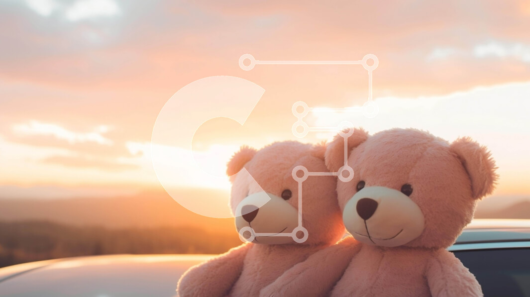 Intra Συλλεκτικό Ξύλινο Παζλ Plywood  4mm - Δύο ροζ αρκουδάκια που κάθονται στο αυτοκίνητο με το ηλιοβασίλεμα στο φόντο Σε Ξύλινο Κουτί - Διαστάσεις Puzzle: 10x10 cm – 25 κομμάτια