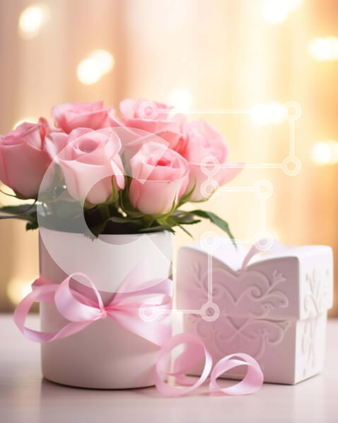 Intra Συλλεκτικό Ξύλινο Παζλ Plywood  4mm - Λευκό βάζο με ροζ τριαντάφυλλα και κουτιά δώρων Σε Ξύλινο Κουτί - Διαστάσεις Puzzle: 10x10 cm – 25 κομμάτια