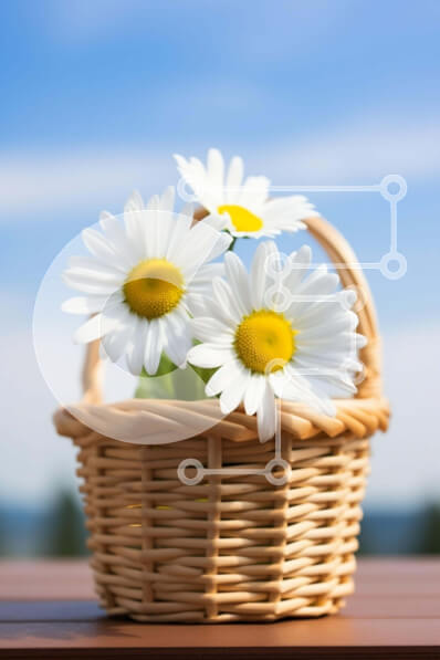 Σετ των 2 Intra Συλλεκτικό Ξύλινο Παζλ Plywood  4mm - Λευκές μαργαρίτες σε ψάθινο καλάθι σε ξύλινο τραπέζι Σε Ξύλινο Κουτί - Διαστάσεις: 10x10 cm – 25 κομμάτια