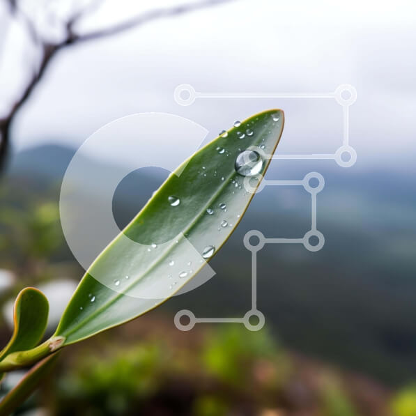 Intra Συλλεκτικό Ξύλινο Παζλ Plywood  4mm - Πράσινο φύλλο με σταγονίδια νερού σε φόντο βουνών Σε Ξύλινο Κουτί - Διαστάσεις: 10x10 cm – 25 κομμάτια