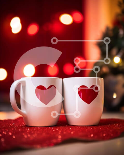 Intra Συλλεκτικό Ξύλινο Παζλ Plywood  4mm - Ρομαντικές λευκές κούπες καφέ με κόκκινες καρδιές σε κόκκινο τραπεζομάντιλο Σε Ξύλινο Κουτί - Διαστάσεις Puzzle: 10x10 cm – 25 κομμάτια