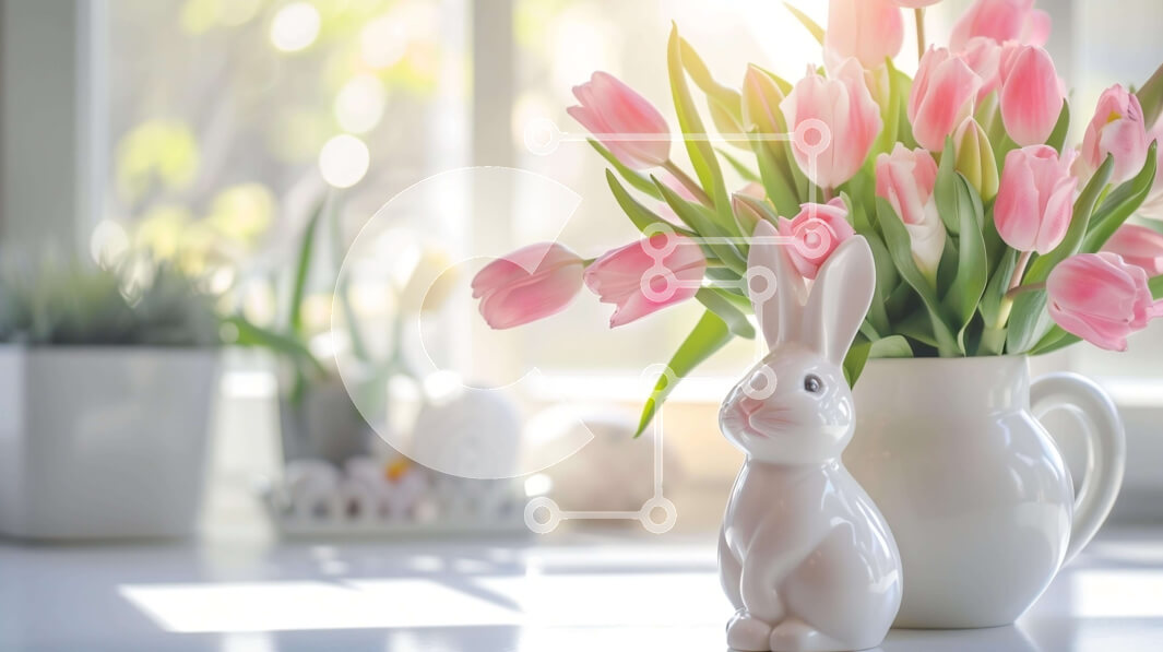 Intra Συλλεκτικό Ξύλινο Παζλ Plywood  4mm - Πασχαλινό λαγουδάκι με ροζ τουλίπες και λευκό βάζο Σε Ξύλινο Κουτί - Διαστάσεις Puzzle: 10x10 cm – 25 κομμάτια