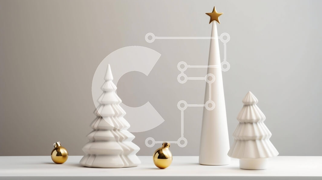 Intra Συλλεκτικό Ξύλινο Παζλ Plywood  4mm - Τρία λευκά κεραμικά χριστουγεννιάτικα δέντρα με χρυσά αστέρια σε ξύλινη επιφάνεια Σε Ξύλινο Κουτί - Διαστάσεις: 10x10 cm – 25 κομμάτια