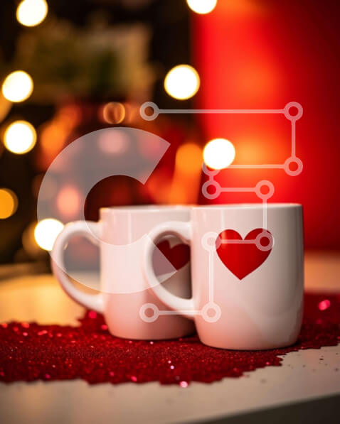 Intra Συλλεκτικό Ξύλινο Παζλ Plywood  4mm - Ρομαντικές λευκές κούπες καφέ με σχέδιο καρδιάς σε διακοσμητικό τραπέζι Σε Ξύλινο Κουτί - Διαστάσεις Puzzle: 10x10 cm – 25 κομμάτια